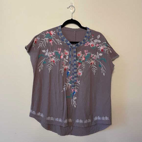 Johnny Was XXL gray blue bohemian short sleeve blouse floral embroidered boho - Picture 1 of 7